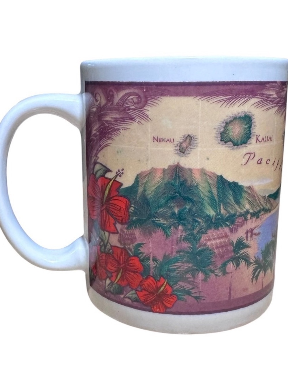 Hawaii Map Ceramic Coffee Mug - White with Beige, Green & Red Design - Picture 3 of 9